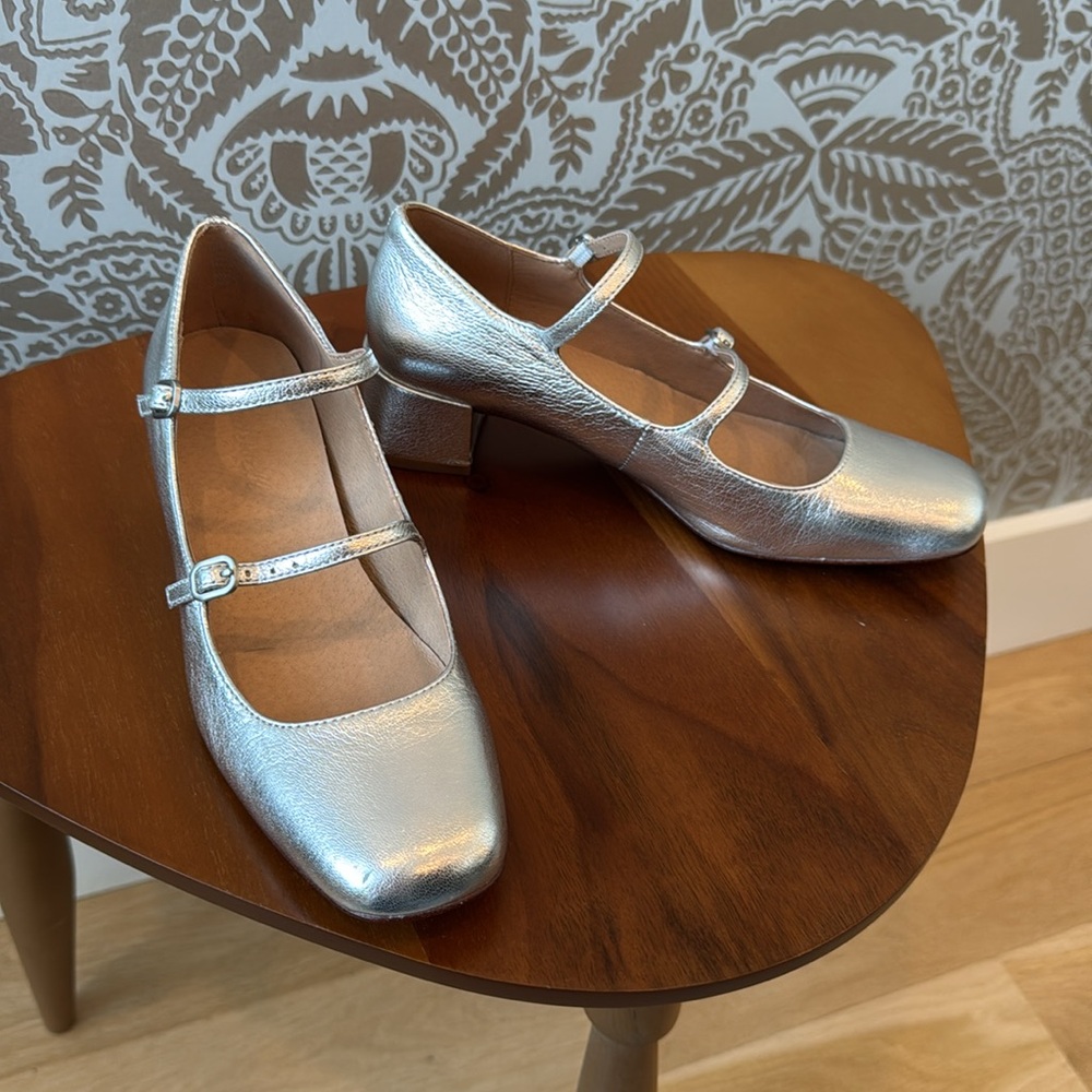 Madewell The Nettie Heeled Mary Jane Heels Silver 6.5